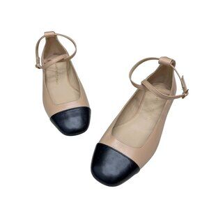 Stuart Weitzman  Eden Strap Flat Women's Tan/Black Cap Toe Shoes Sz 7B WORN ONCE